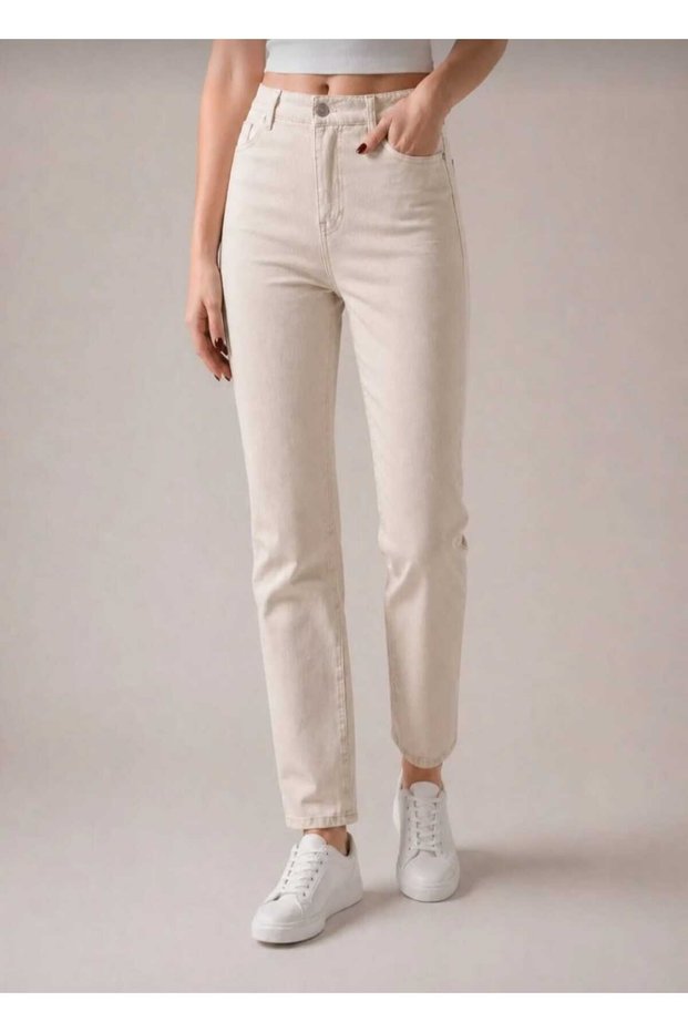 Lisa Women's High Waist Cream Washed Lycra Mom Jean Pants
