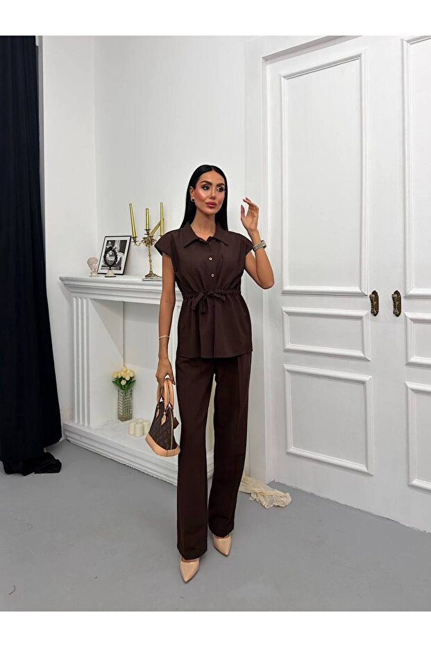 Women's Drawstring Detailed Shirt and Pants Set, Relaxed Fit Two-Piece Set