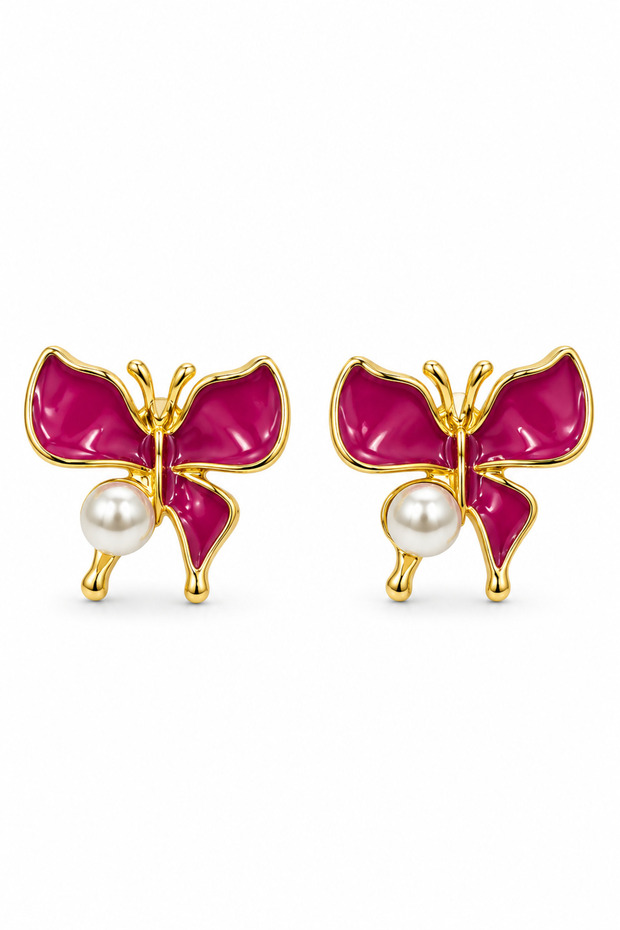 Summer Luxury Women's Steel Pink Enamel Pearl Butterfly Earrings