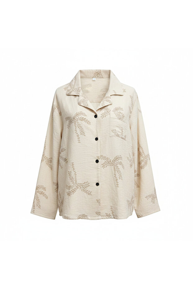 Women's Cream Palm Leaf Print Linen Blend Button-Down