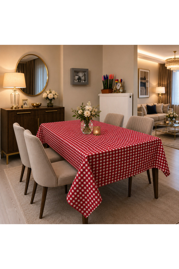 Country Red Gingham Tablecloth | Liquid-Proof Linen Fabric | Custom Size Tailoring | Oeko-Tex ® 100