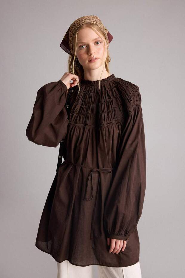 100% Cotton Manuka X Defacto Regular Fit Voile Long Sleeve Tunic H4777Ax26Sm