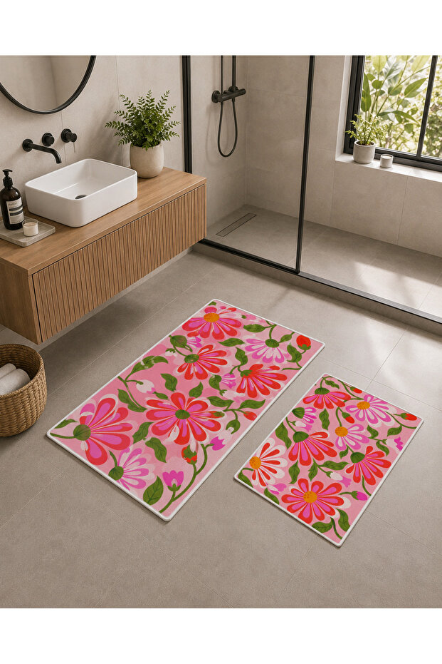 Pink Green Floral Patterned Bath Mat Dot Base Velvet