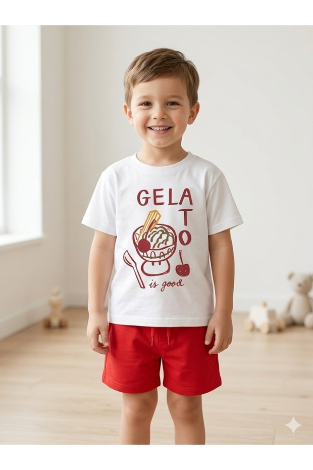 Boys' Gelato Printed White T-Shirt and Red Shorts Cotton 2-Piece Set