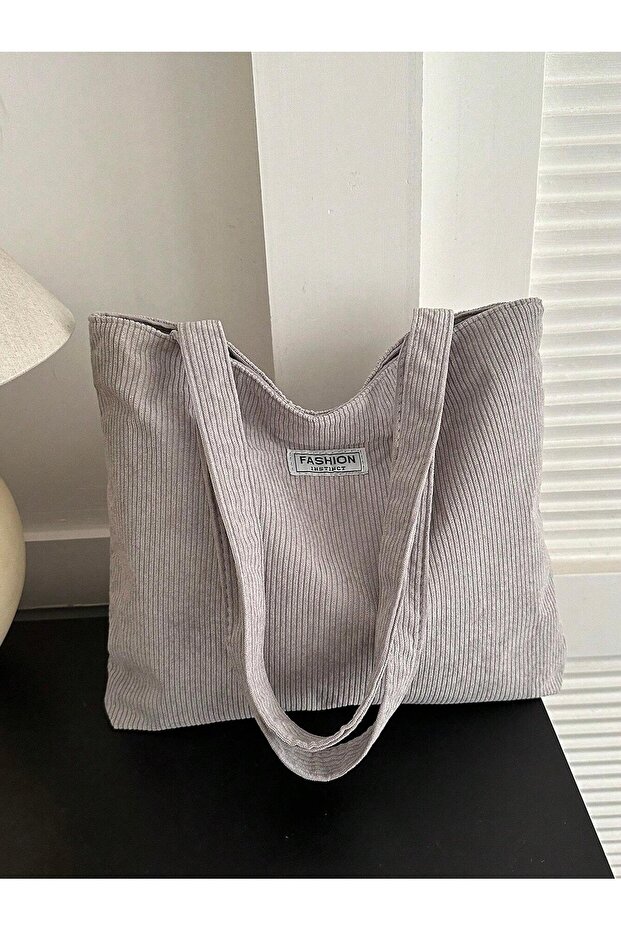 Women's Casual Corduroy Tote Bag with Large Capacity and Trendy Logo - Light Gray