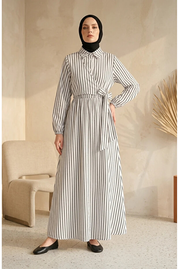 Half Buttoned Elastic Waist Striped Dress 0320-03 White