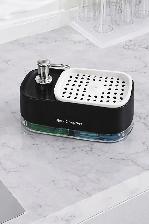 Push-Button 2-in-1 Liquid Soap Dispenser and Dishwashing Sponge Detergent Dispenser Apparatus Black