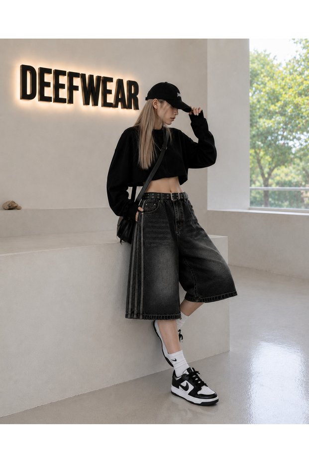 Y2K Striped Detail Baggy Jean Shorts Bermuda/Shorts