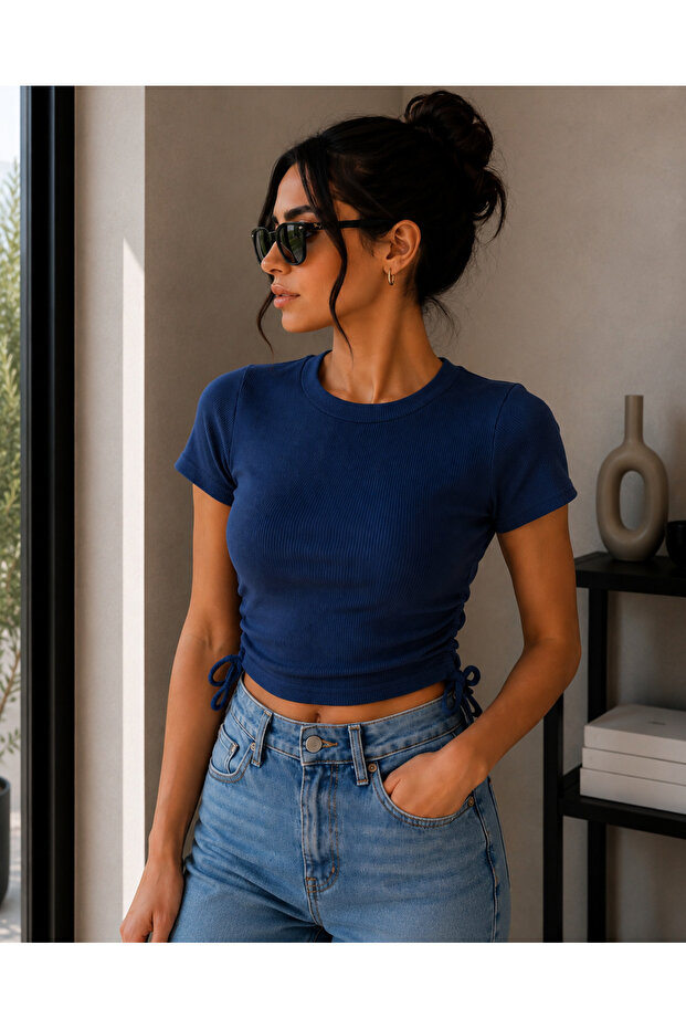 Women's Navy Blue Drawstring Detailed Crop Blouse – Camisole Fabric, Side Drawstring, Stylish Short Sleeve Crop T-Shirt – Modern Design for Casual and Urban Style