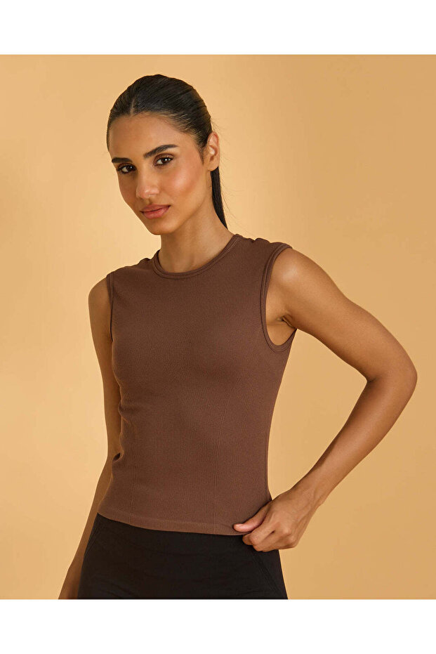 Women Brown Sleeveless Active T-shirt