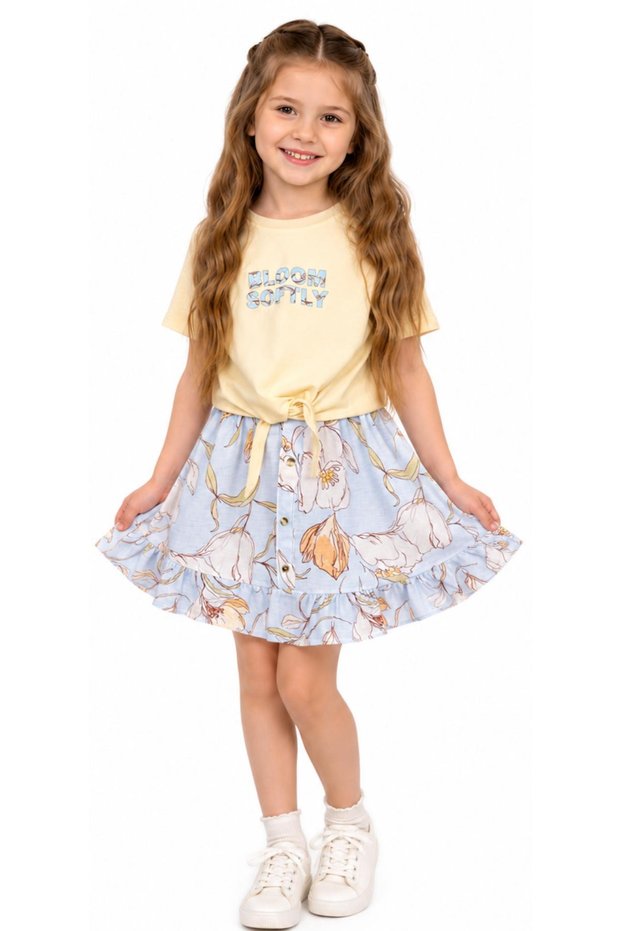 Girl's Tie-Front Bloom Softly Written Short Sleeve T-Shirt Floral Pattern Skirt Set