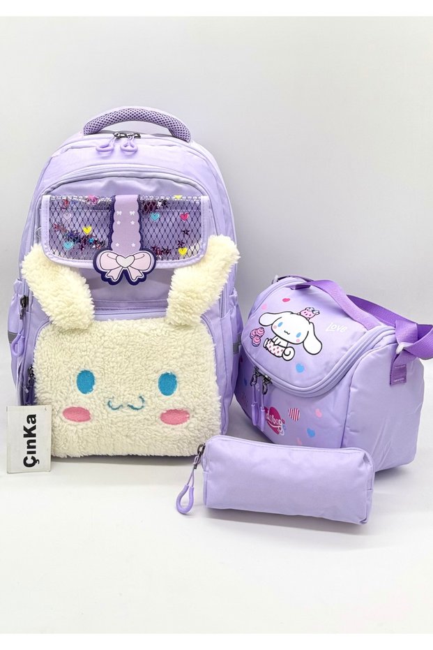 Plush Detailed Luxury Thermal Lunch Bag and Pen Holder Girls' Backpack Primary School Bag Set / 506