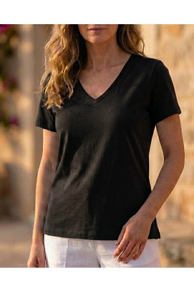 Ms12901 V-Neck Basic Combed Cotton Blouse Black - 3