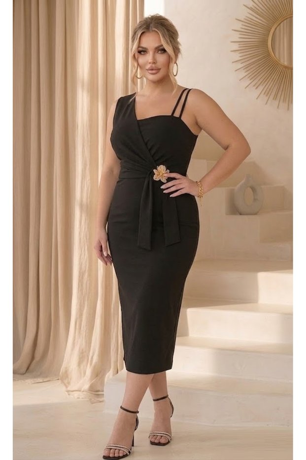 Women's Plus Size One-Shoulder Strap Detailed Waist Brooch Flexible Midi Evening Dress 28000
