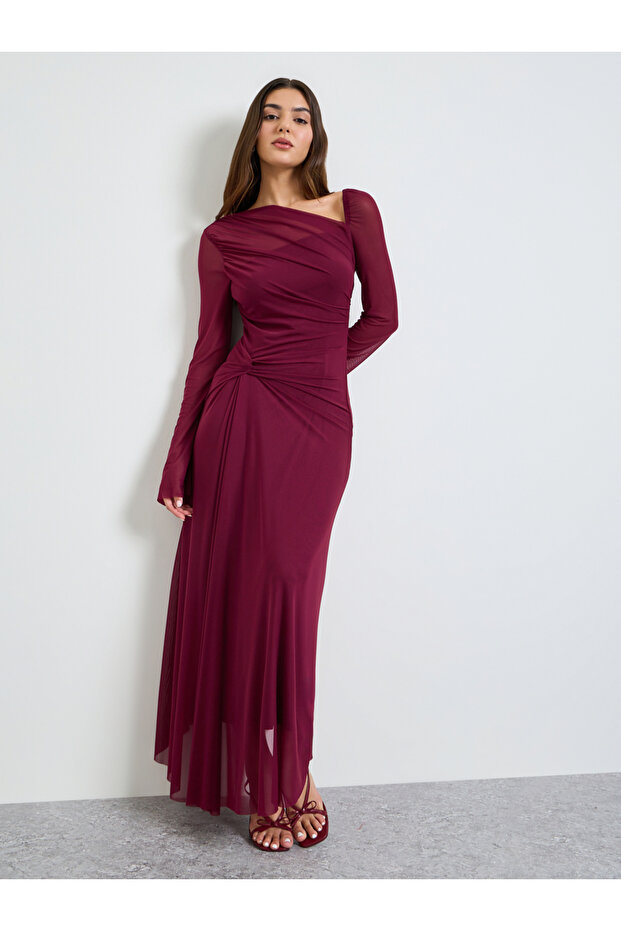 Burgundy Gathered Asymmetric Neck Maxi Dress