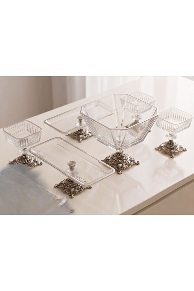 Silver Footed Crystalized 9-Piece Luxury Glass Presentation and Serving Set