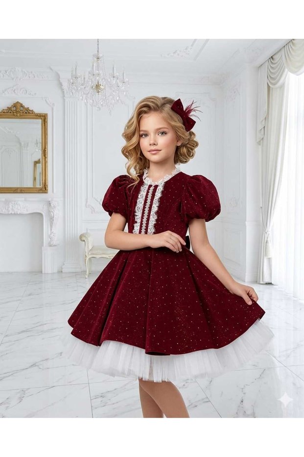 Girl's Ruffle Lace and Ribbon Detail Clown Collar Dress with Stone Detail on Balloon Sleeves