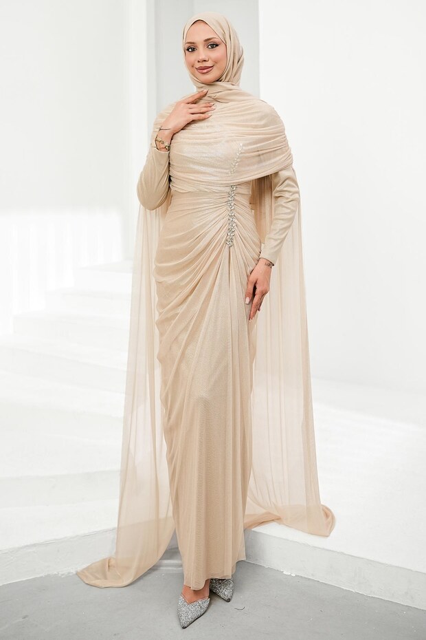 Beige Capelet Evening Dress with Drawstring Front and Stones