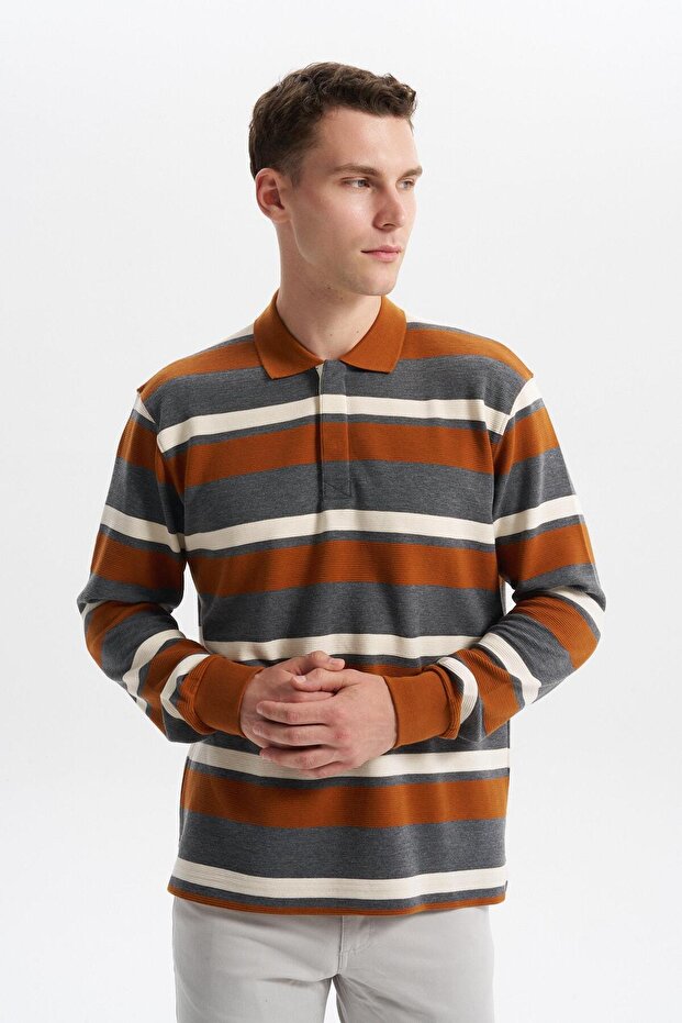 Ar-Ma Men's Polo Collar Sweatshirt, Unprinted, Striped, Buttoned, Without Pockets, Large Size, Ringel Ottoman K30554801