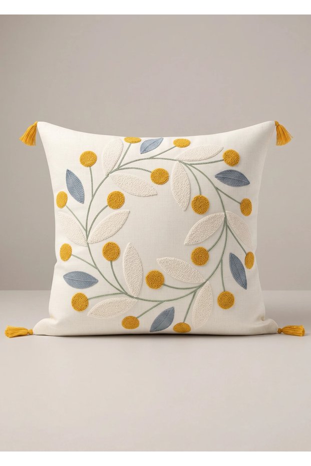 Punch Embroidered Burlap Flower Motif Cushion Cover - 43X43 cm Decorative Cushion