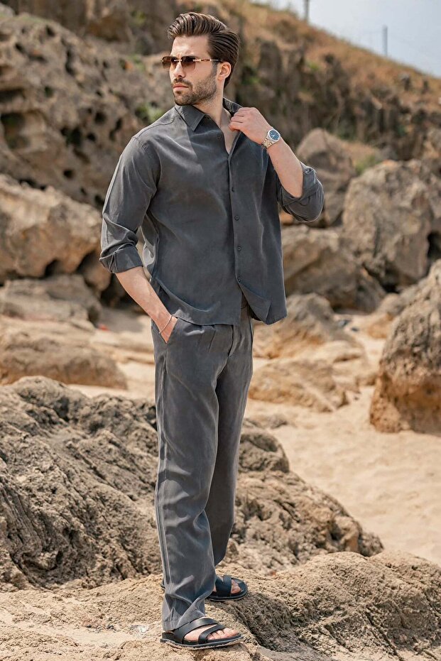 Khaki Tensel Fabric Men's Shirt and Trousers Set E7365