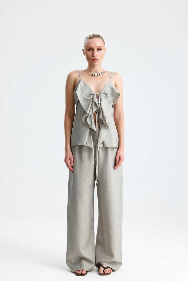 Lavanda Front-Flounce Lace-Up Blouse and Pants Stone Color Set