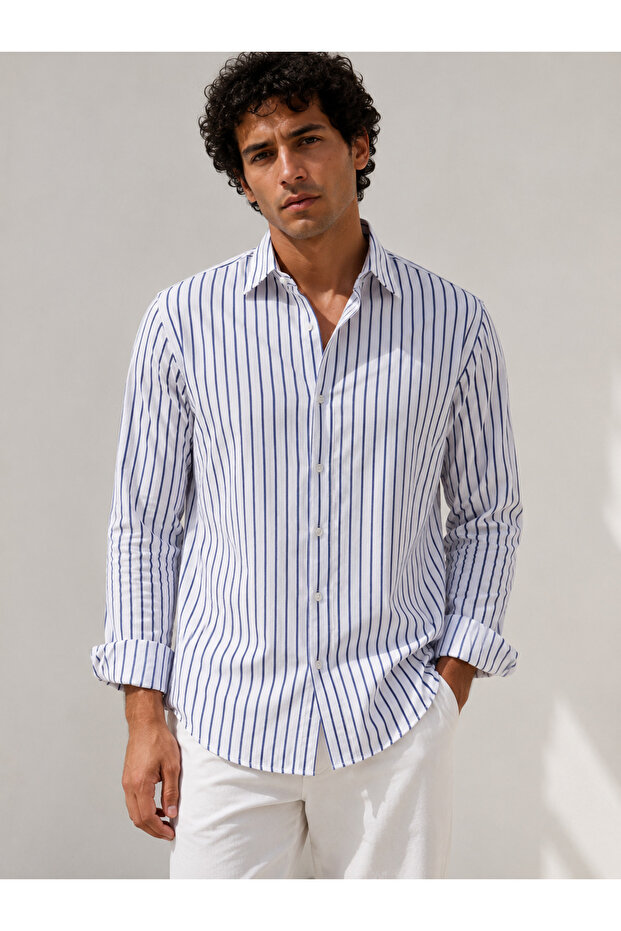 Men's Premium Cotton Striped Shirt Navy Blue 3002Dngr
