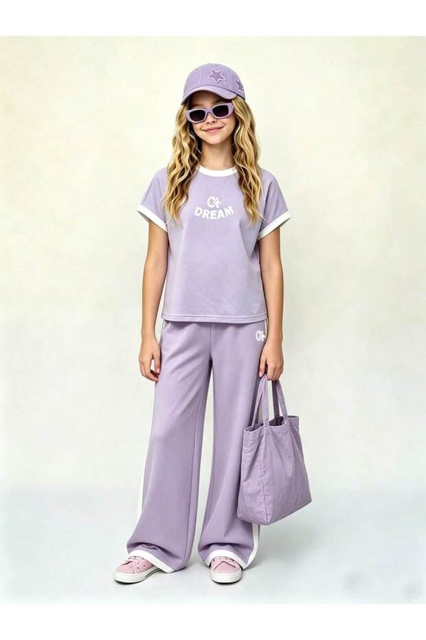 Dream Printed Lilac White Piping Children's Top and Bottom Set Cotton