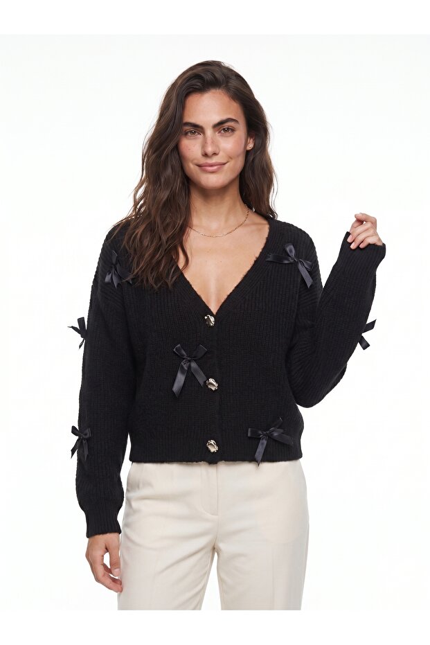 Black Acrylic Wool Blend V-Neck Oversized Buttoned Knitwear Cardigan with Bow Accessories