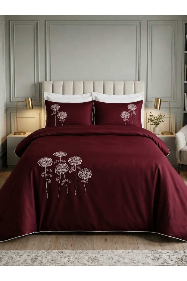 Azalea Flower Embroidered, Ribbed and 100% Cotton 6-Piece Burgundy Double Luxury Duvet Cover Set