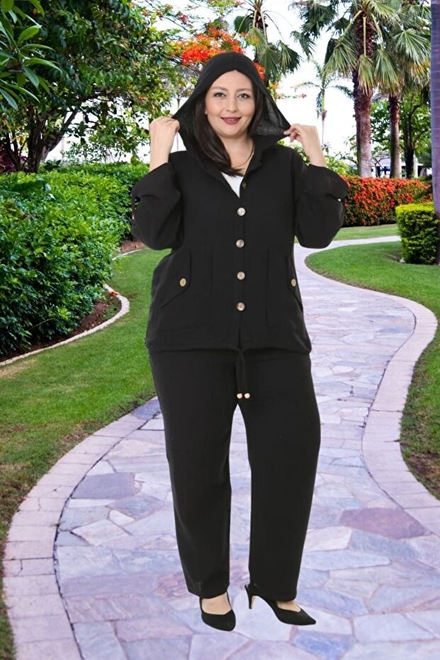 Plus Size Black Muslin Hooded Pants Set