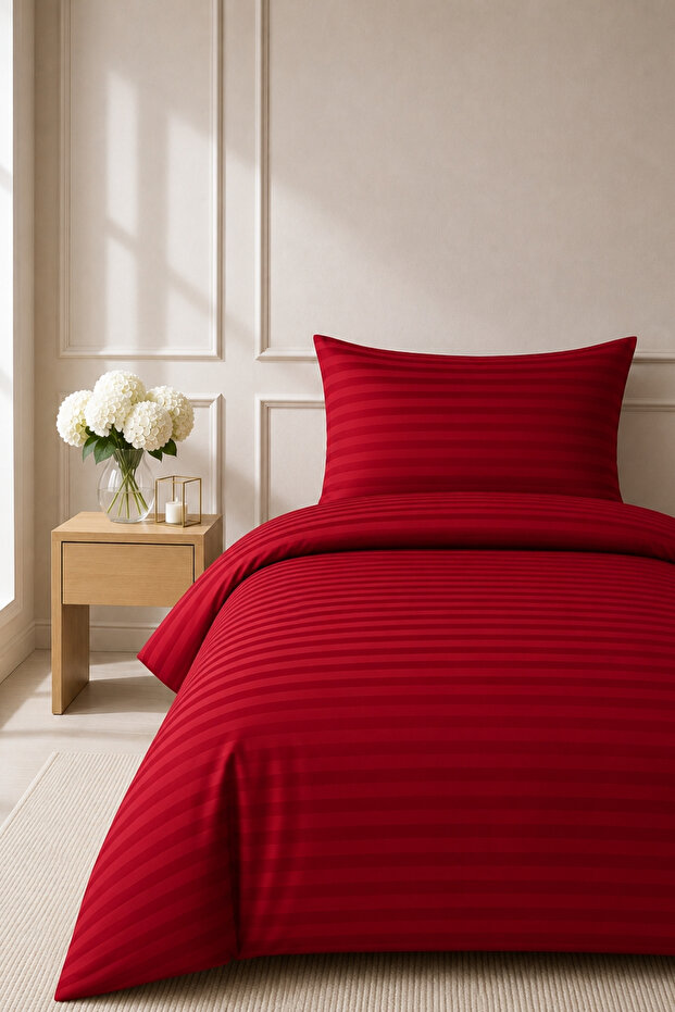 Elif Satin Striped Single Buttoned Duvet Cover Set, Quilt Cover, 100% Cotton, 83Tel