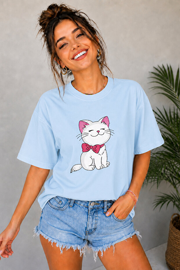 Cute Cat Printed Crew Neck Unisex Oversize T-Shirt with Bow Tie – Cotton T-Shirt