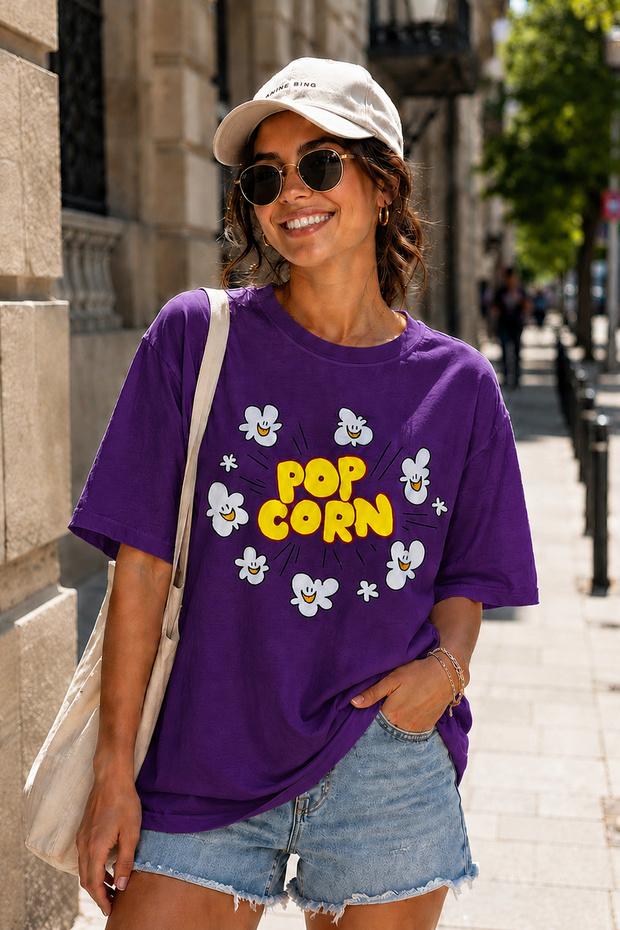 Popcorn Printed Unisex Oversize T-Shirt – Cotton Crew Neck Casual T-Shirt