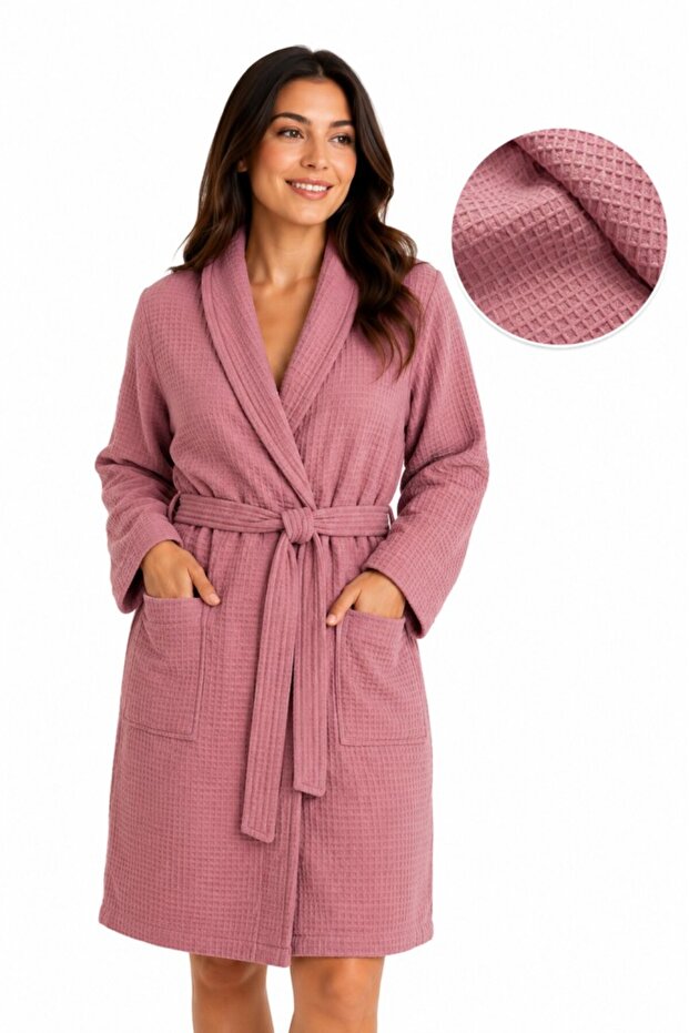 Rose Waffle Premium Bathrobe – Soft Towel Interior, Shawl Collar, Pocketed Women's Bathrobe Standard
