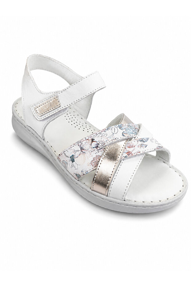 Celina White -Silver Detailed- Genuine Leather Women's Sandals