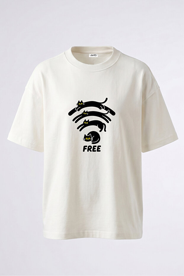 Cat Wifi Design Back Printed Cotton White Oversize T-Shirt