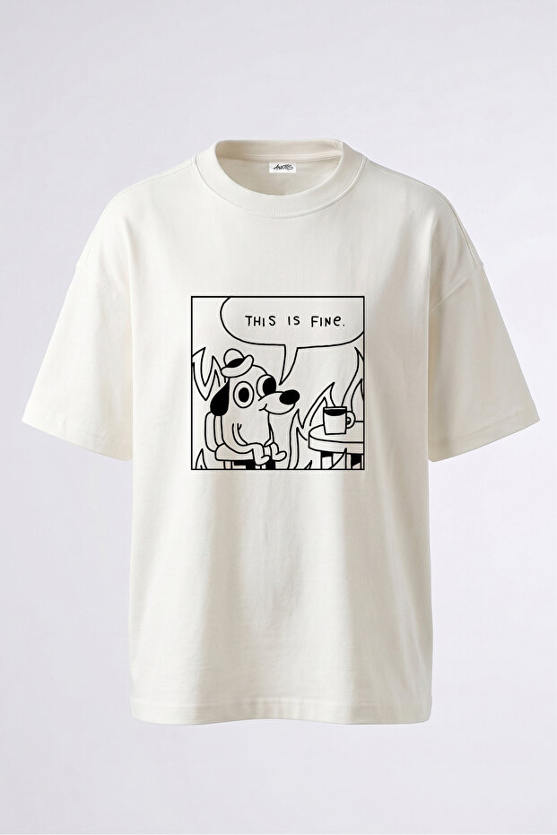 This Is Fine Meme Design Back Printed Cotton White Oversize T-Shirt