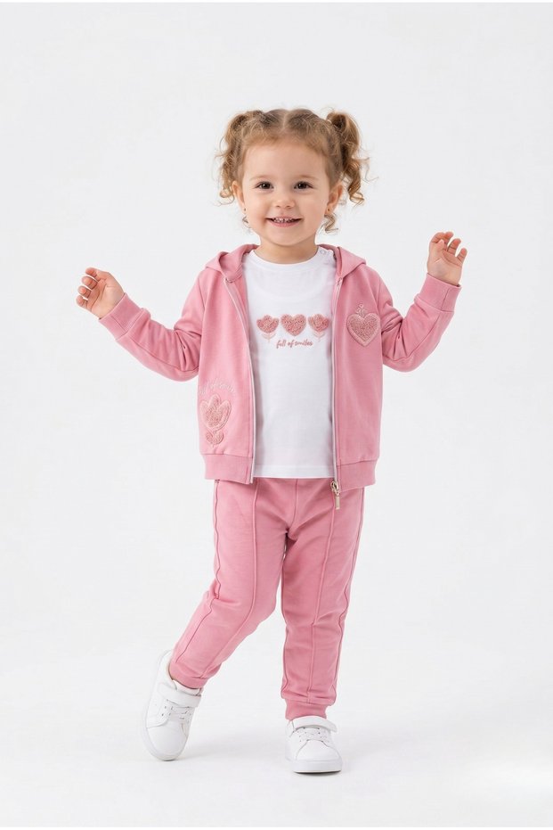 Girl's 3-Piece Tracksuit Set Long Sleeve Crew Neck Embroidered T-Shirt - Hooded Zipper
