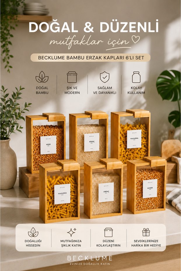3 Liter 6 Bamboo Food Storage Containers with Labels - 6-Piece Legume Storage Box - 6-Piece Bamboo Food Containers