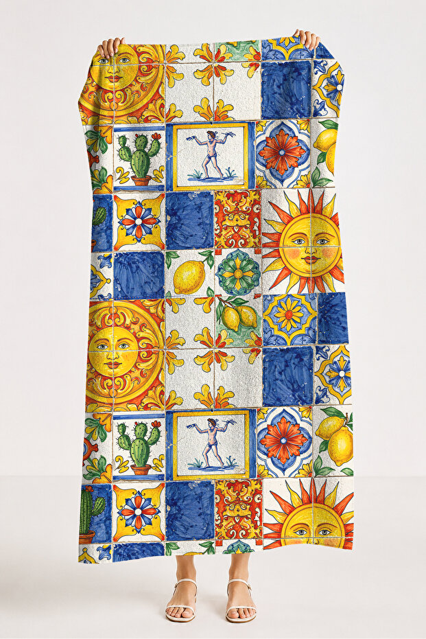 Mediterranean Tile Sun Motif Beach Towel - Italian Ceramic Lemon Navy Blue Quick-Dry Micro Towel