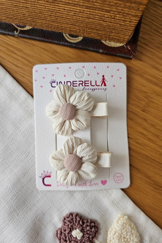 Girl's Ecru Drawstring Daisy Flower Design Hair Clip Set 5cm - Lined Clip-On Side Hair Clip