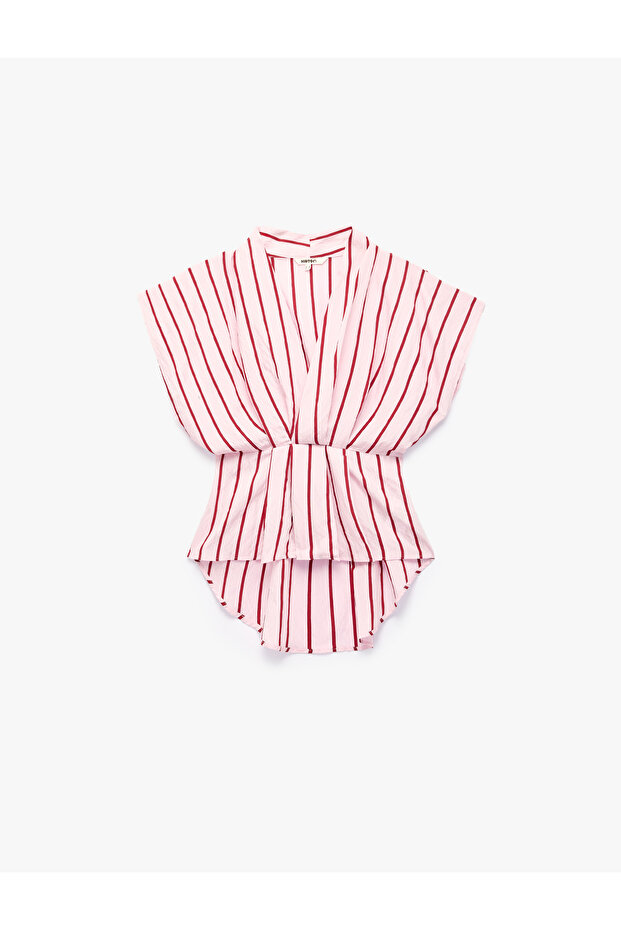 Viscose Fabric Sleeveless Waist Accent Double Breasted V-Neck Striped Blouse