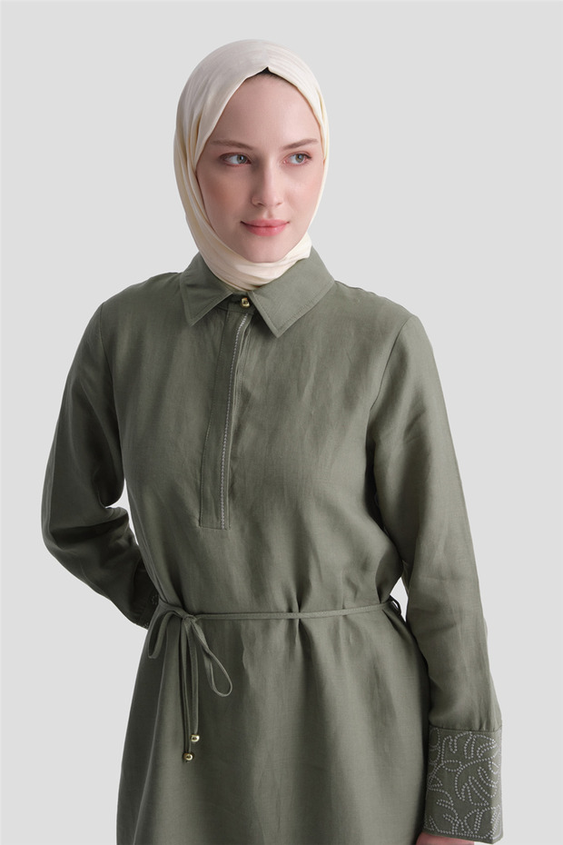 Embroidery Detailed Linen Dress Khaki