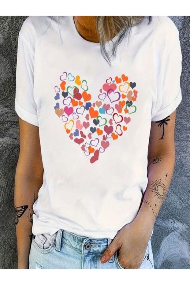 White Oversize T-Shirt with Colorful Heart Pattern