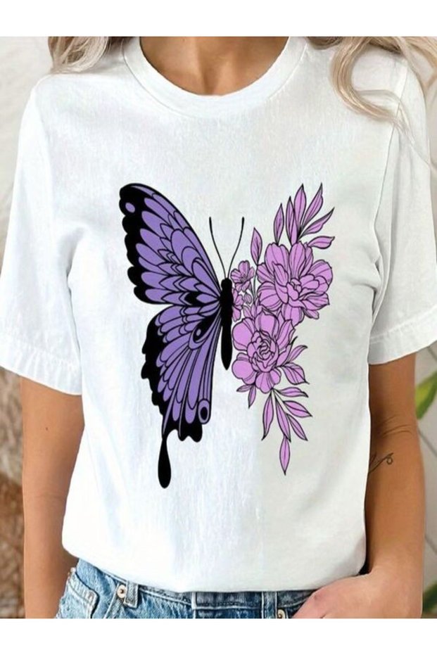 Purple Butterfly and Flower Printed Oversize T-Shirt