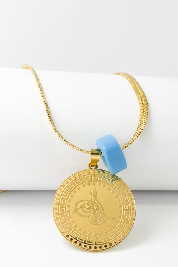 Gold Color Evil Eye Verse & Ottoman Monogram 60 cm Stainless Steel Necklace with Italian Chain and Prayer