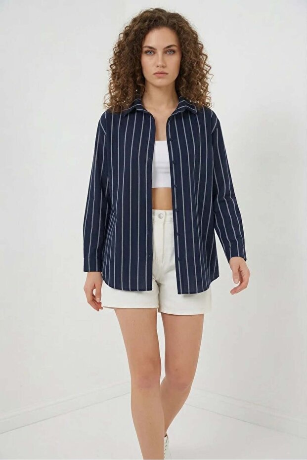 Women's Oversize Striped Viscose Navy Blue Shirt