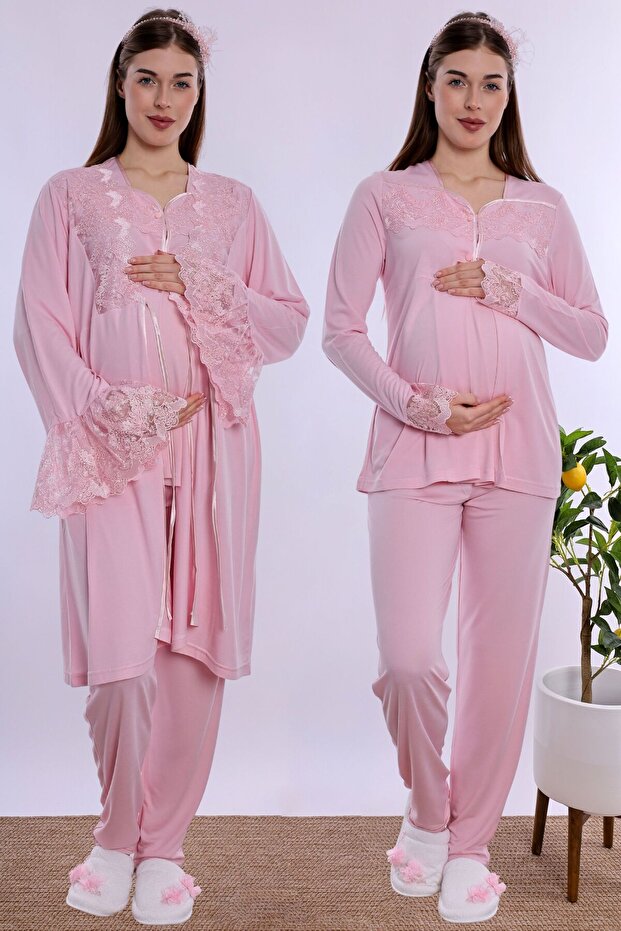 Maternity Pajama Set with Nursing Features and Robe Effortt - Pink