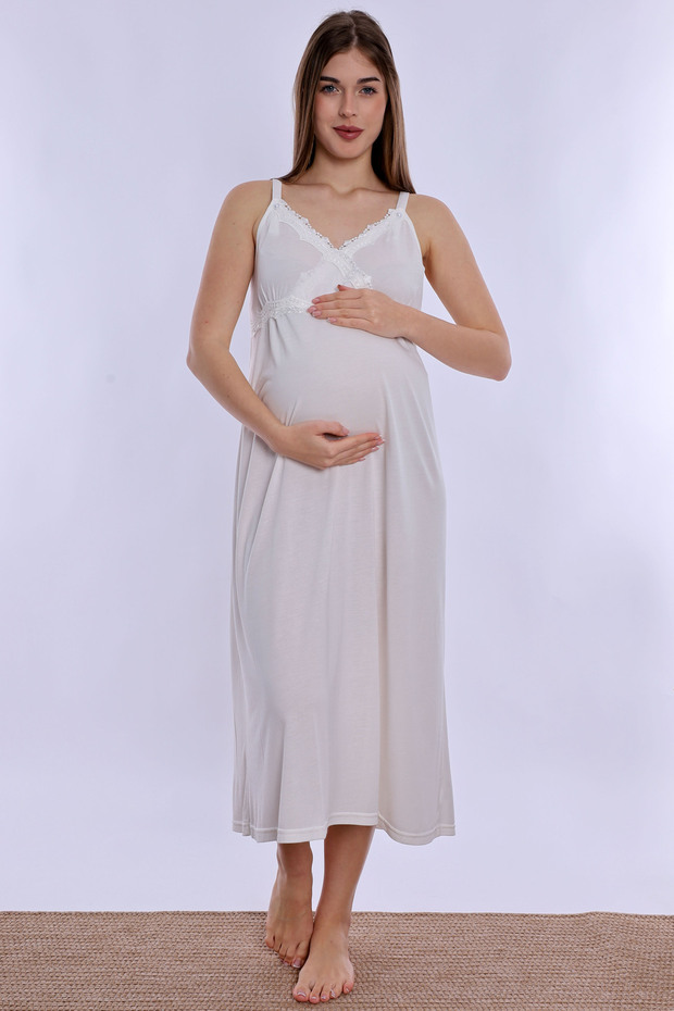 Cotton Rope Strap Maternity Nightgown with Breastfeeding Feature Effortt - Ecru